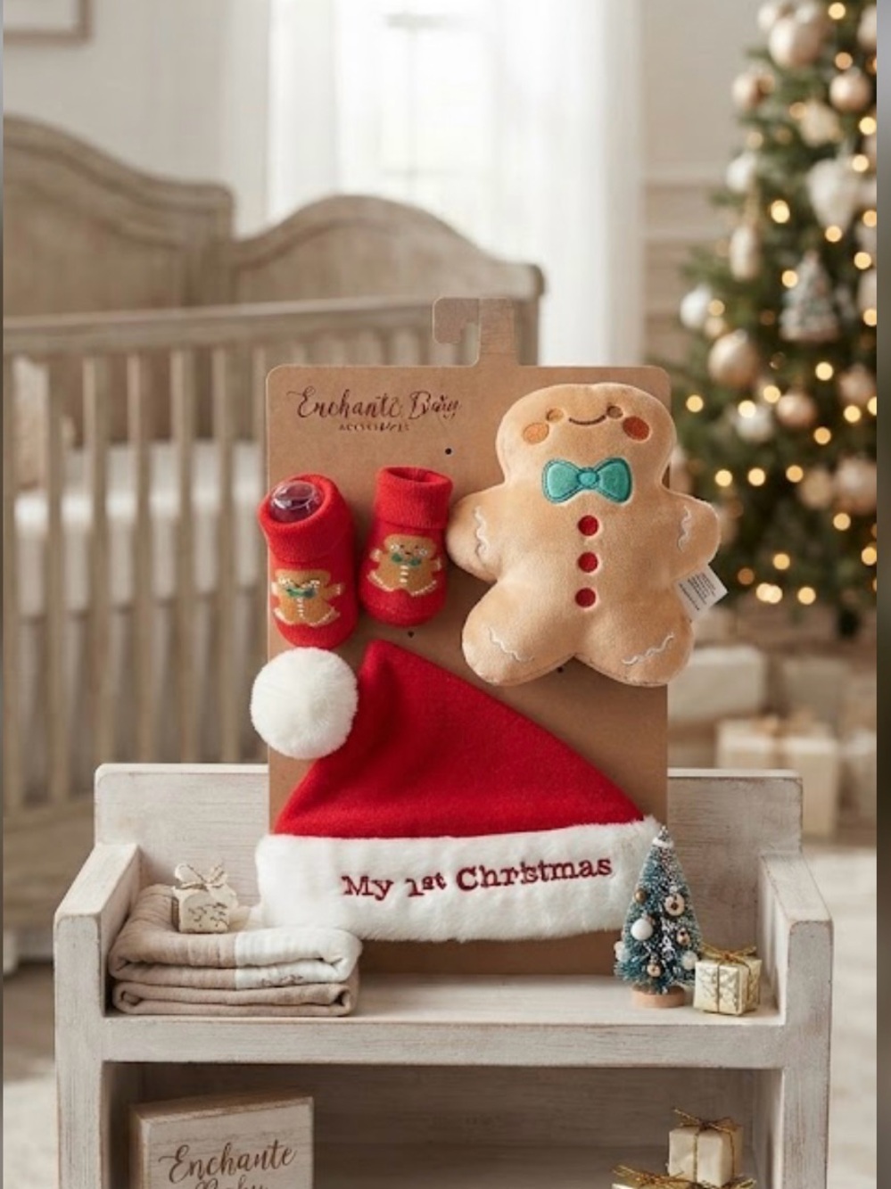 NWT ~ Enchanté Red 'My 1st Christmas' Baby Hat & Sock Set with Gingerbread Plush
